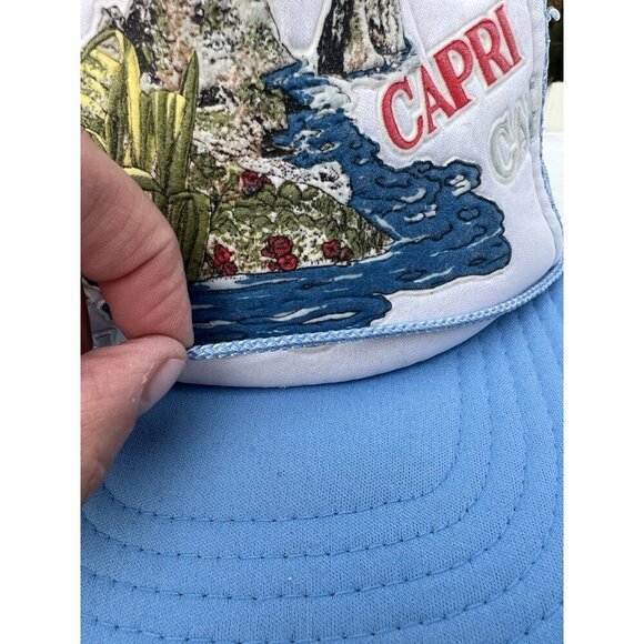 Vintage Capri blue trucker mesh hat Italian 80s Mediterranean graphic *defects - Picture 7 of 11